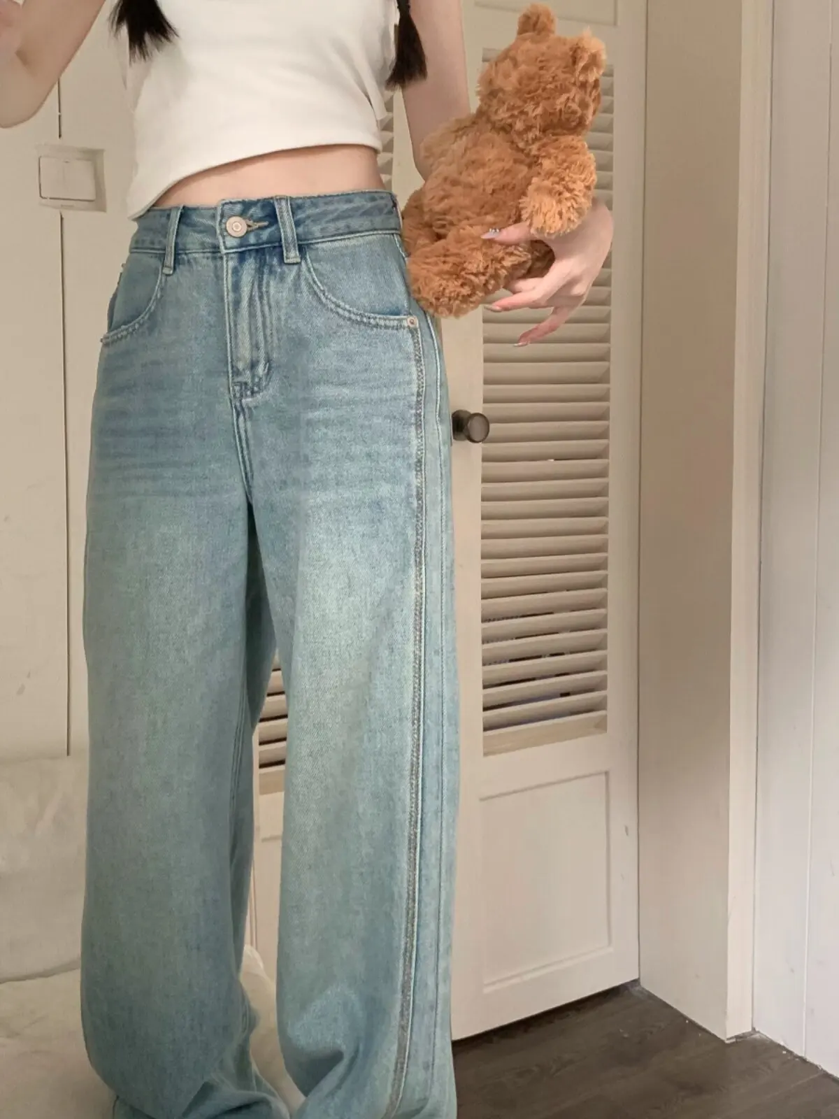 

American Retro Blue Straight Leg Jeans Women's Early Spring 2026 New High Waist Loose Slim Wide Leg Long Pants