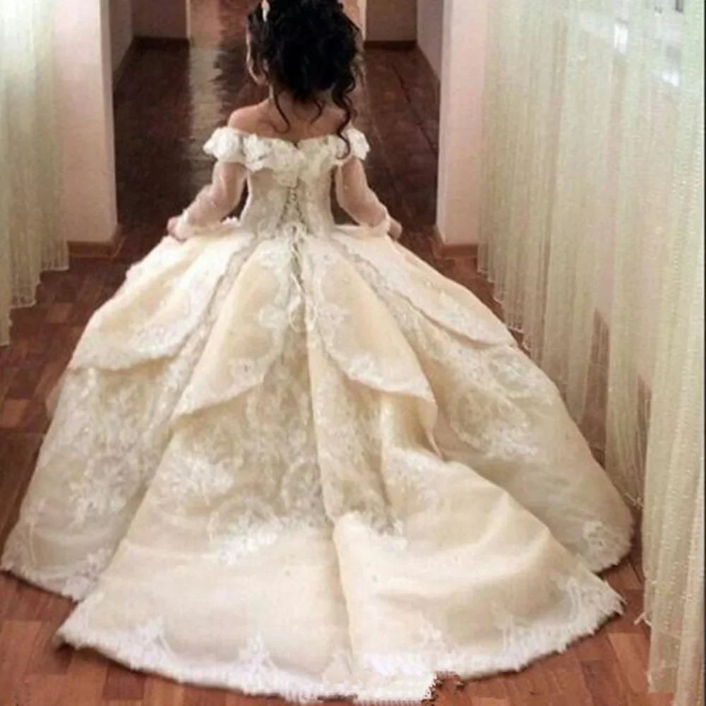 Lace Flower Girl Dresses 2023 Satin Beads wedding Occasion First Communion  Dress Toddlers Full Sleeves Princess Pageant Gowns