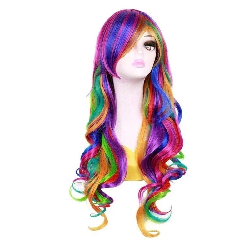 Harajuku Lolita Multi Color Halloween Party Clown Wear Women Wig Anime Style Rainbow Curly Synthetic Hair Party Costume Wigs