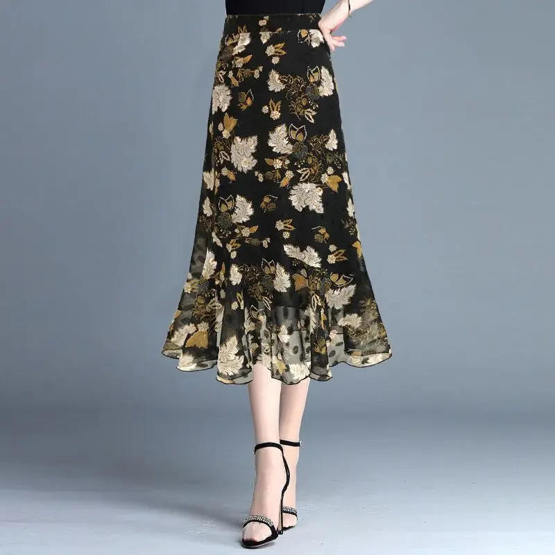 

Women Vintage Fashion Skirt Y2K Slimming High Waist Pleated A-Line Skirt Spring Summer Printed Long Chiffon Casual Skirts S664
