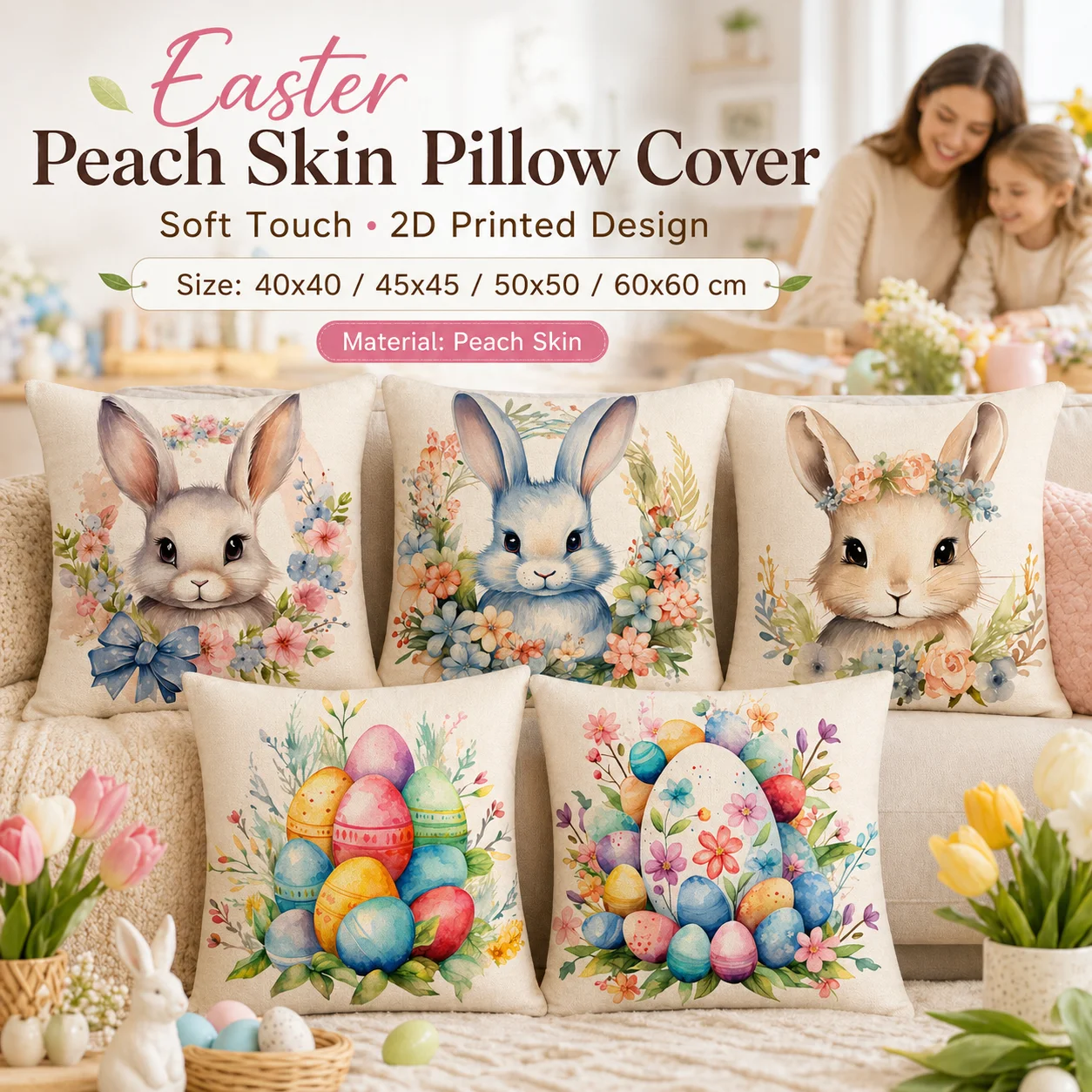 

2D Flat Printed Easter Bunny Peach Skin Pillow Cover Spring Floral Rabbit Cushion Cover for Sofa Living Room Decor 45x45 50x50