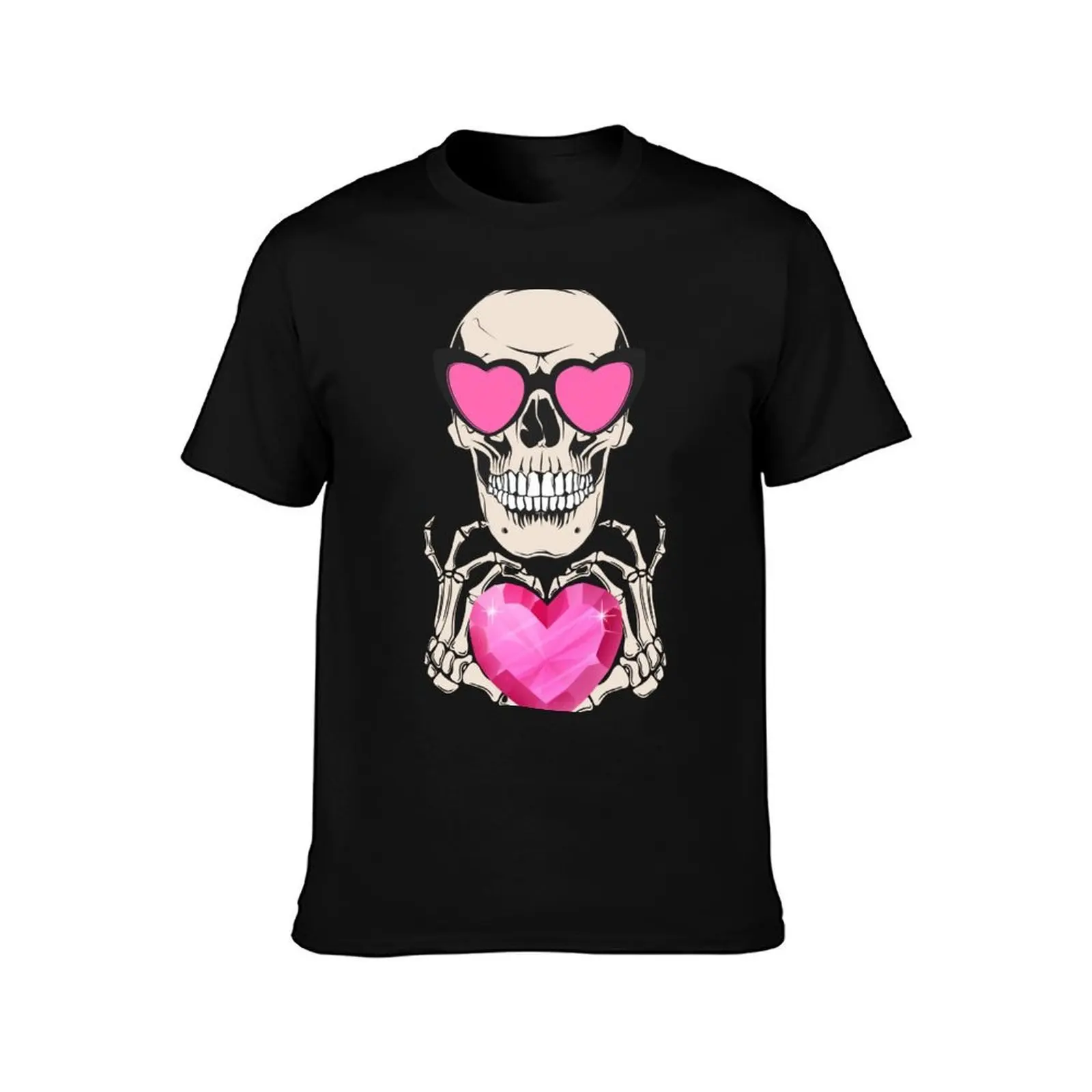 Happy Skeleton: Precious Heart Embrace T-Shirt, Summer Casual Cotton Tee, Oversized Streetwear Tops, Vintage Graphic Print