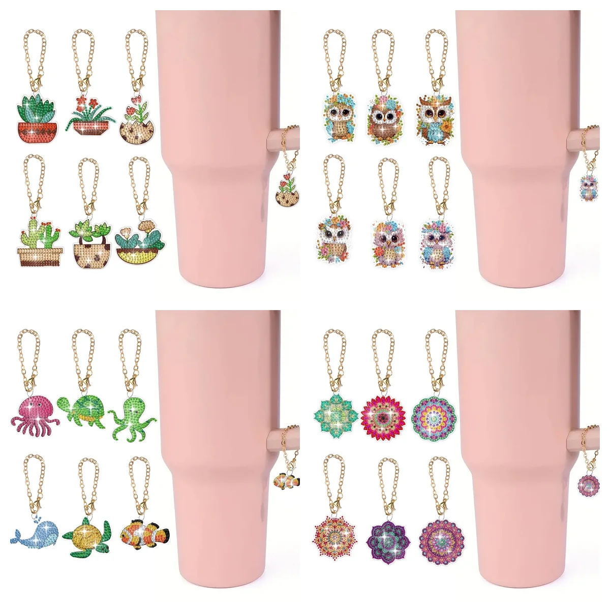 

6 наборов для алмазной живописи «сделай сам» с животными/цветами, аксессуары для ключей, чашки и сумки, декоративные подвески для алмазной живописи