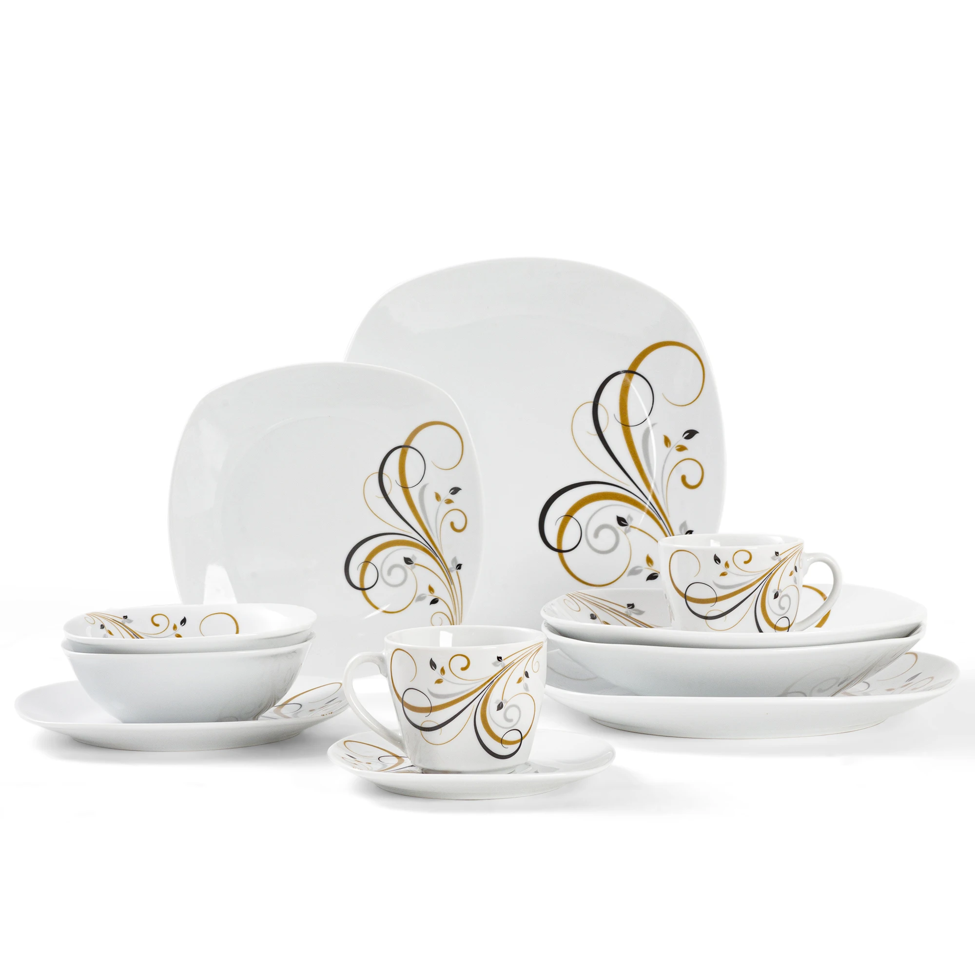 12/28-Piece Luxury Porcelain Dinnerware Set Golden Branches & Jade Leaves Pattern Ceramic Dishes with Square Bowls, Plates, Cups