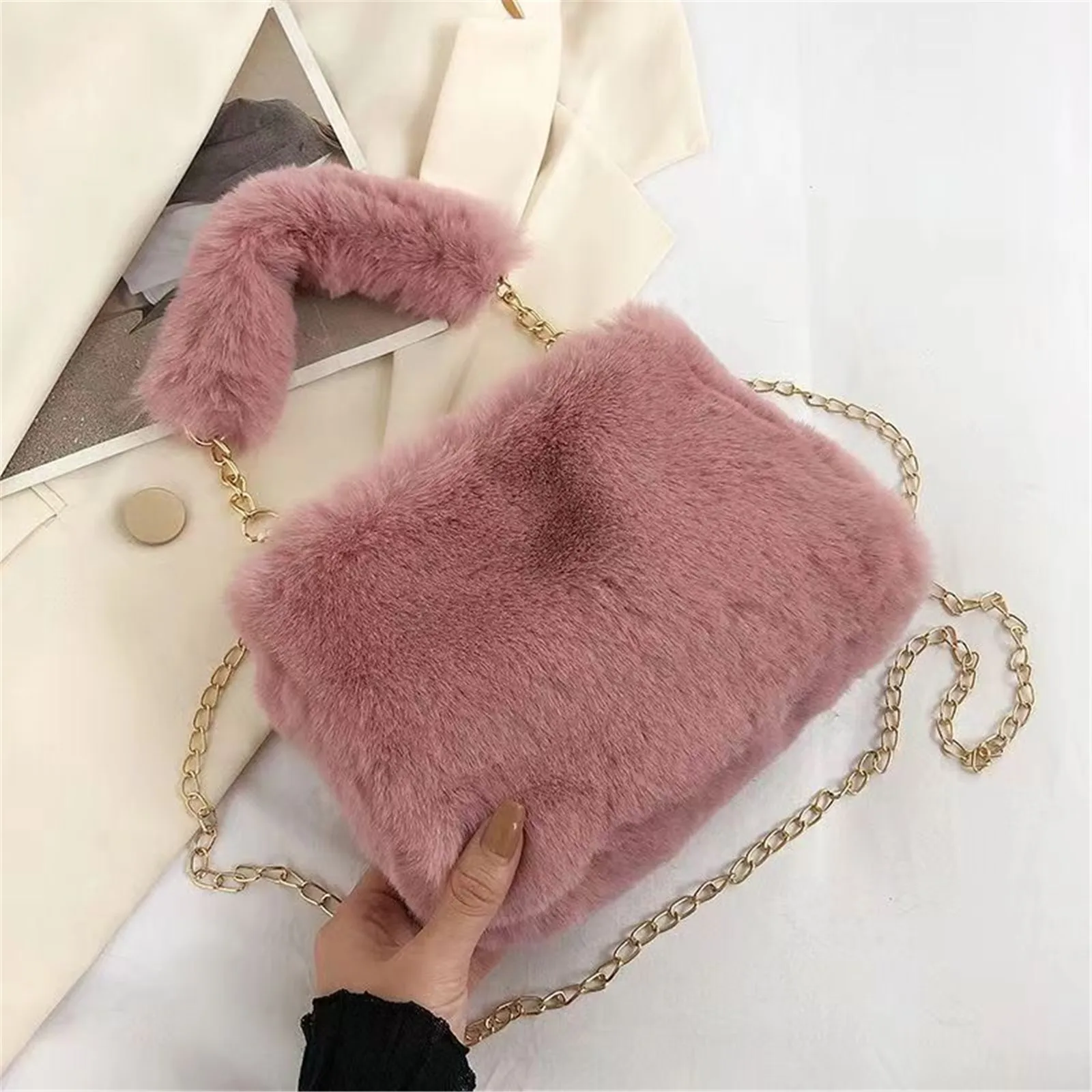 Plush Handbag Women\'S New Eco-Friendly Fur Furry Mini Handbag Korean Fashion Plush Crossbody Bag Square Bag