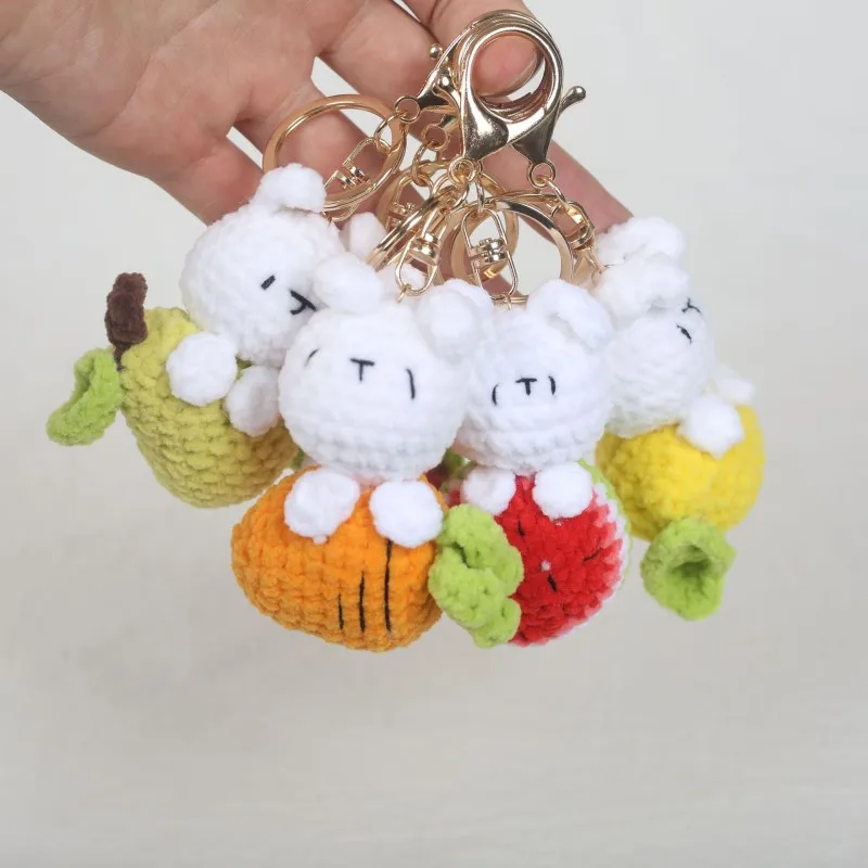 

Cute Fruit Series Rabbit Doll Keychain Handmake Knitting Strawberry Rabbit Keyrings Knitted Lemon Rabbit Doll Keychain Wholesale