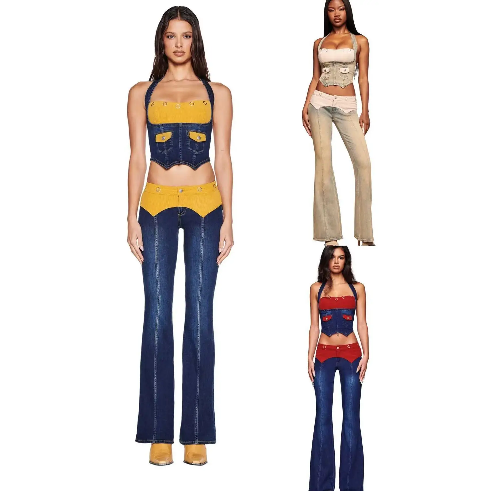 

I.AM.GIA Corduroy Denim Ne Hanging Patchwork Bra Top MIE Jeans Iia Faion Set Long Sve Hooded f Zipper Cotton Long P...