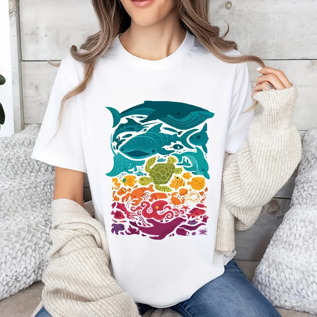Colorful Ocean Animal Graphic Crew Neck T‑Shirt, Casual Style Applique Decoration, 100% Cotton Soft Short Sleeve Top