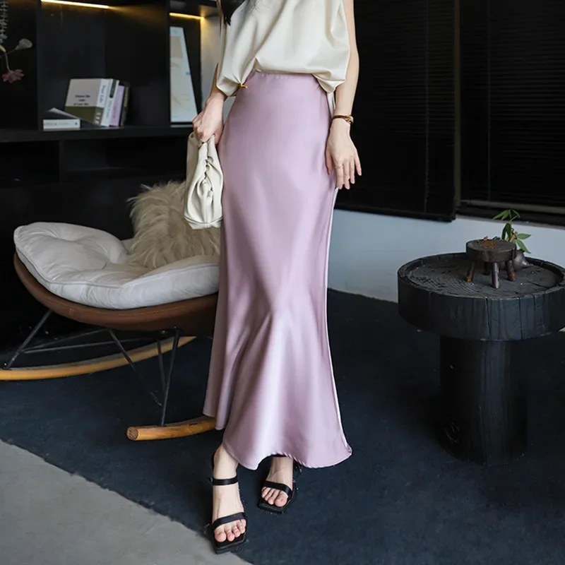 High-Waisted Slimming Medium-Length Silk Satin Skirt 2024 Spring Summer New Style Tailored Fish Tail A- Line Long Dress