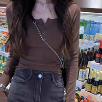 Sexy High Elasticity Threaded Buckle Base Shirt Autumn Edition Straight Shoulder Long Sleeve T-shirt Women Slim Fit Top