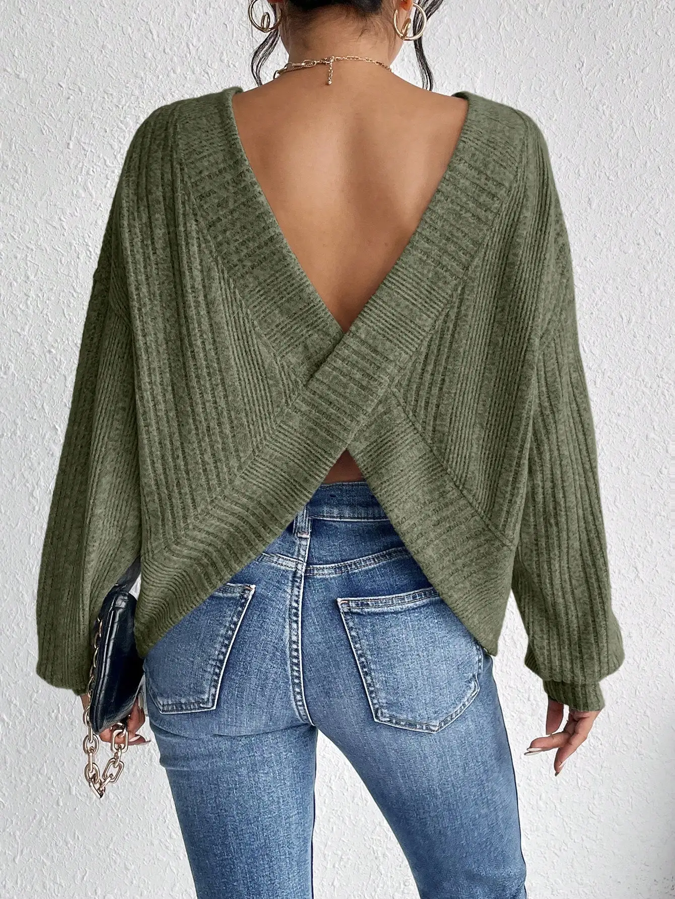 

Olive Green Ribbed Knit Sweater with Open Back and Drop Shoulder, Casual Fall Winter Style