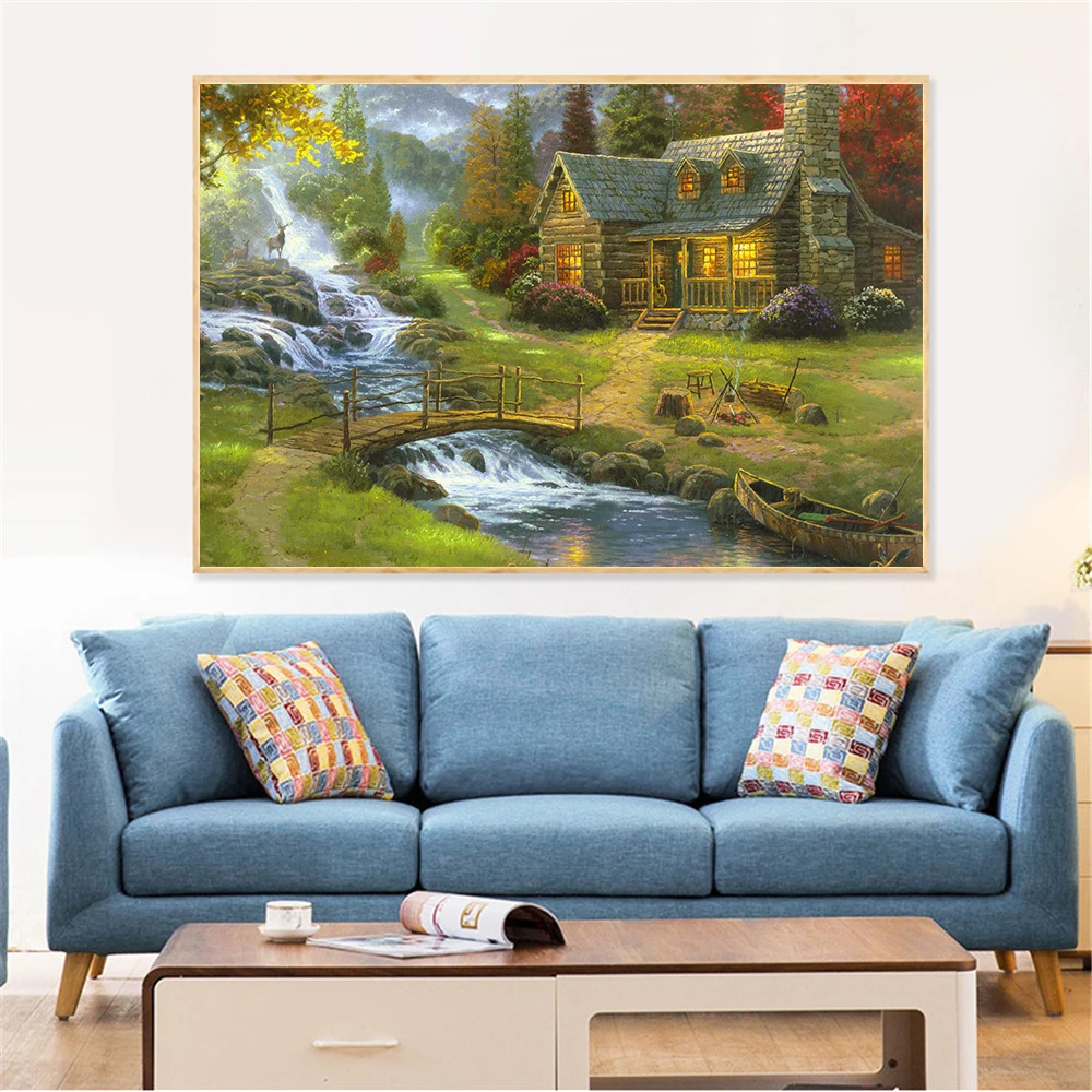 New Abstract Oil Painting Canvas Prints Mountain Landscape Posters and Prints Wall Decor Lamplight Nature House Cottage