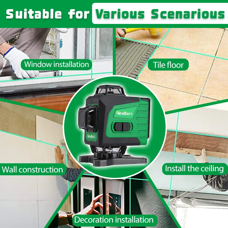 NewBeat Green Beam Rotary Laser Level 16 Lines 4D 360 Self Leveling Laser Levels Automatic for Construction NBT-LL-16B