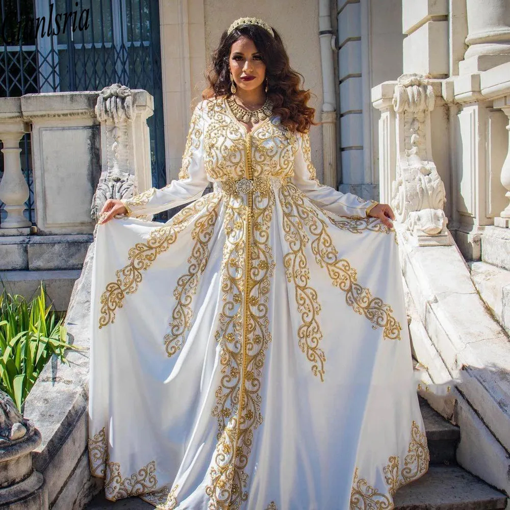 

vintag White Moroccan Caftan Evening Dresses Gold Applique Saudi Arabia Special Occasion Formal Prom Gowns With Train