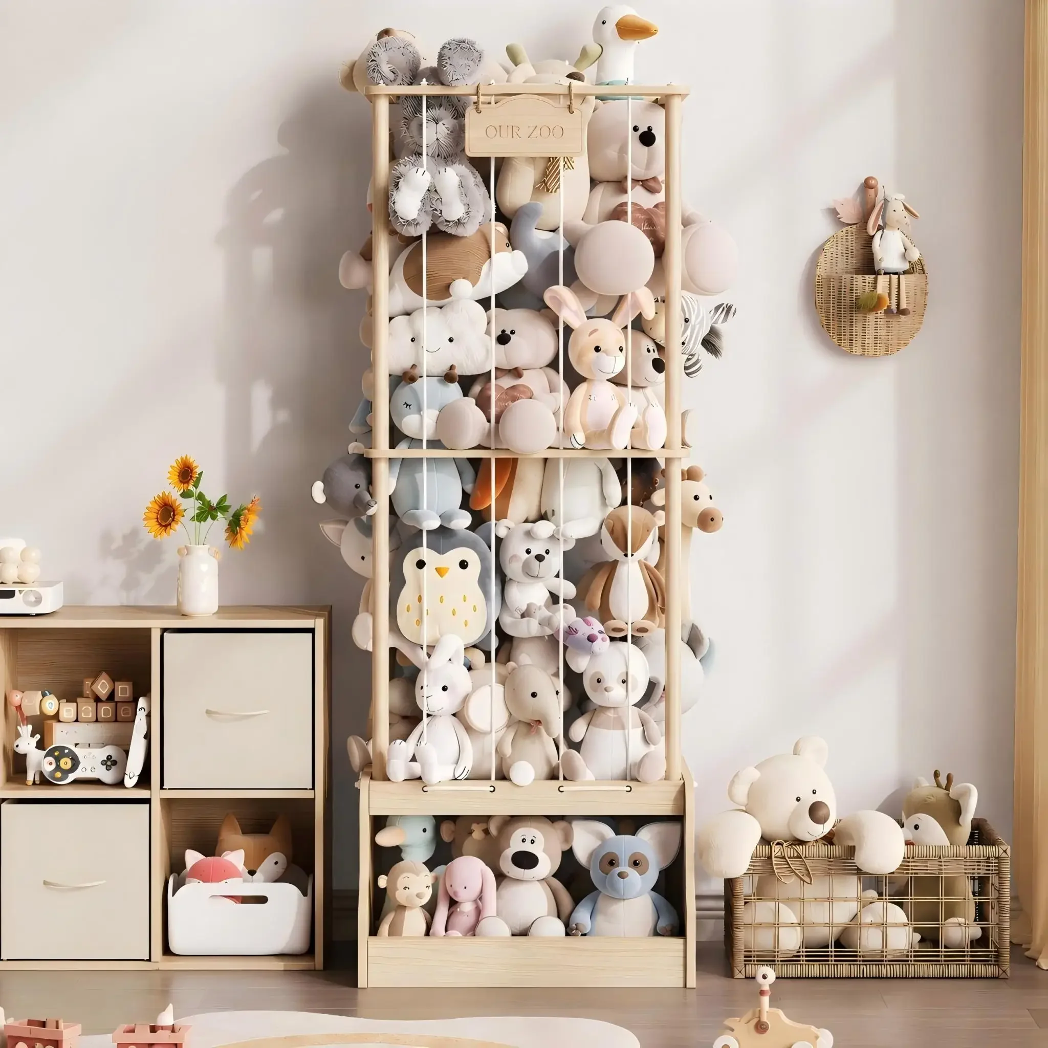 Rangement pour peluches en bois de pin, présentoir vertical pour peluches avec cordes élastiques renforcées et grand tiroir ouvert, organisateur de peluches haut pour chambre d'enfant, salle de jeux, chambre de bébé et salon.