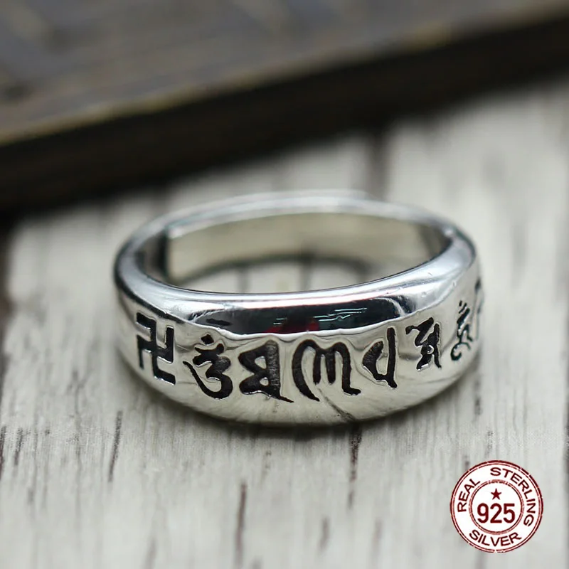 S925 Sterling Silver Ring Vintage Six Character True Words Opening Trendy Fashion Personality Creative Punk Style Couple