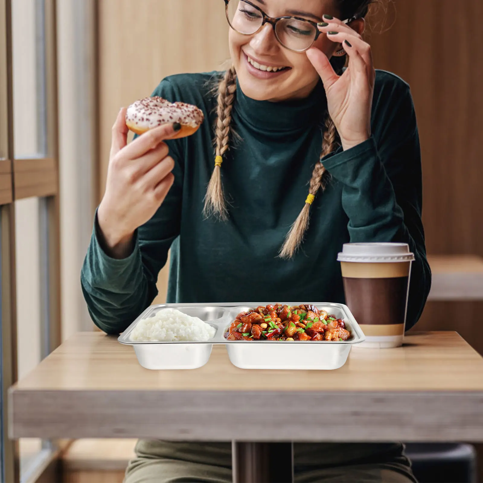 

Stainless Steel Food Plate Four Compartments Stackable Design School Cafeteria Lunch Box Replacement Portion Control Tool