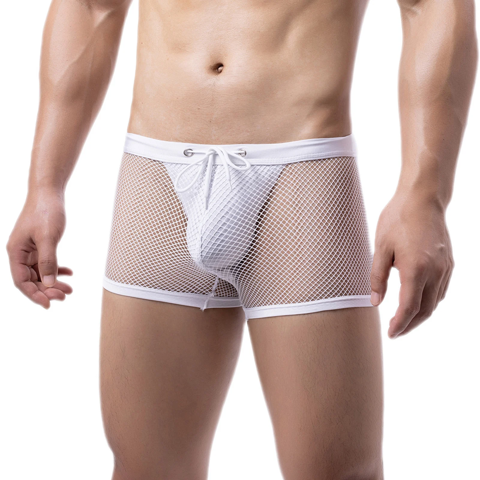 CLEVER-MENMODE Men\'s Boxers Shorts Jockstrap Underwear Mesh Lingerie Sexy Transparent Lacing Up Panties Bulge Pouch Underpants