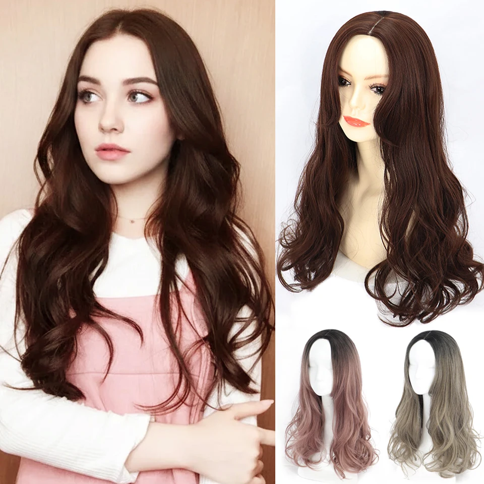 Black/Brown/Ombre Large Wave Synthetic Long Curly Hair Fashionable Elegant Women's Wig For Women Center-parted Bangs Daily Wig
