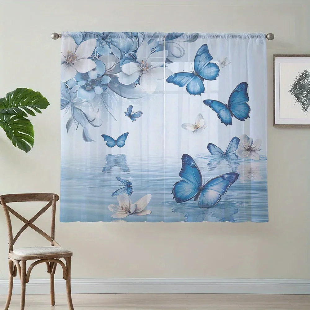 Blue Butterfly Floral Shower Curtain Waterproof Bathroom Curtain Fabric Window Dressing Coastal Ocean Style
