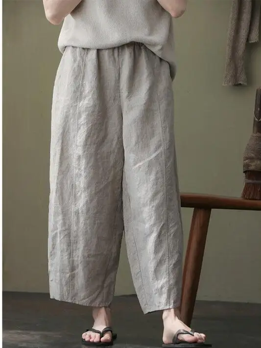 

Casual Pure Linen Nine-Piece Pants Women's Elastic Waist Loose Cucumber Pants Sitting Pants Spring Summer New Arrival