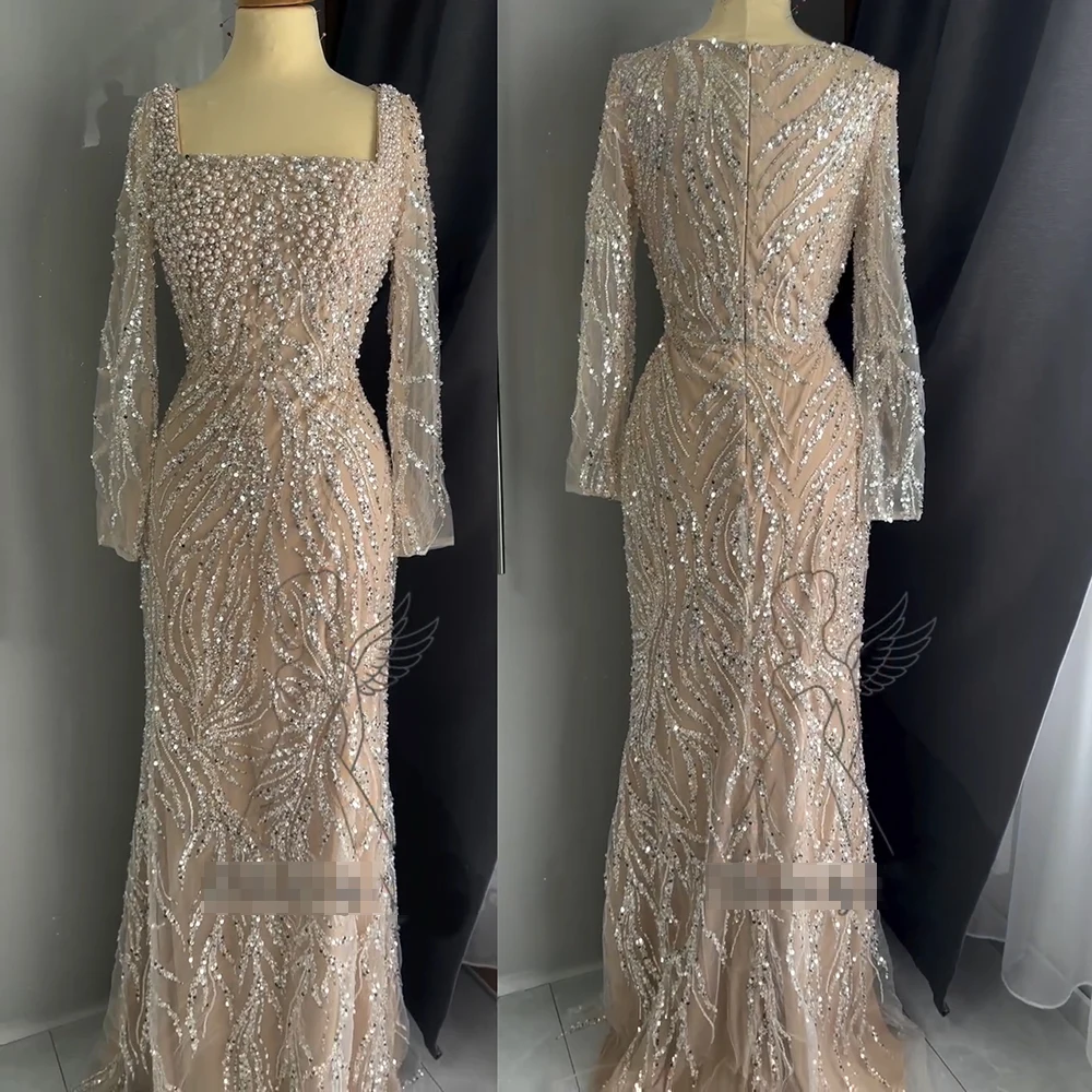 Alinovia vestido de noite sereia com pérolas, manga longa, para mulheres, com trem destacável, 2025, formal, baile, festa de casamento, personalizado