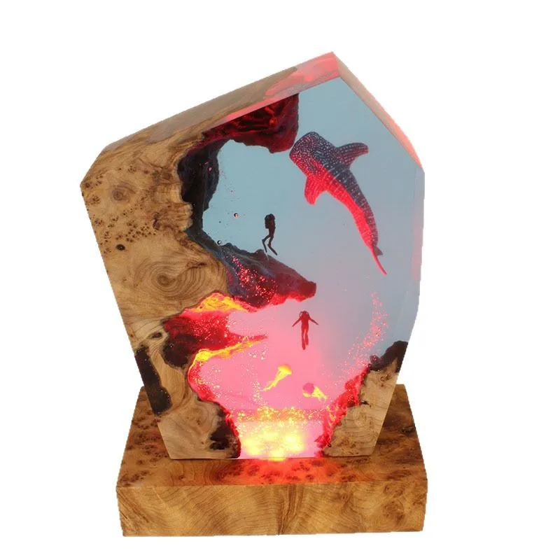 Ocean Wind Whale Shark Diver Couple Resin Light Jellyfish Epoxy Night Light Valentine's Day Gift