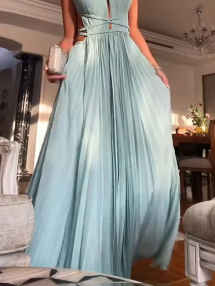 Sleeveless Spring Summer Holiday Maxi Dress, Women O Neck Fashion Chic Party Dress, 2025 Sexy Hollow Out Patchwork Ladies Dress