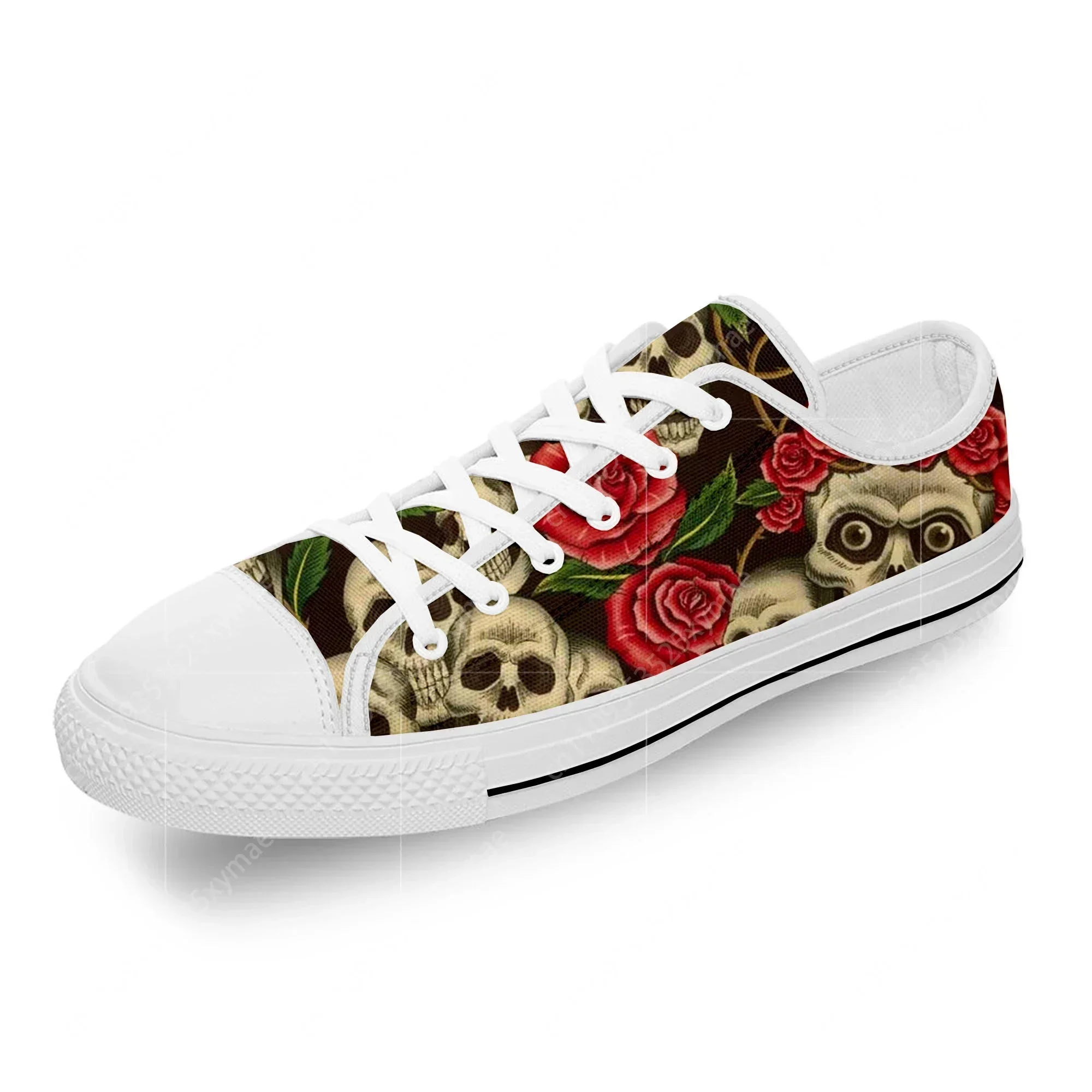 Sugar Skull Rose Flower Hot Funny White Cloth Fashion 3D Print Low Top Canvas Shoes Men Women Lightweight Breathable Sneakers view 2