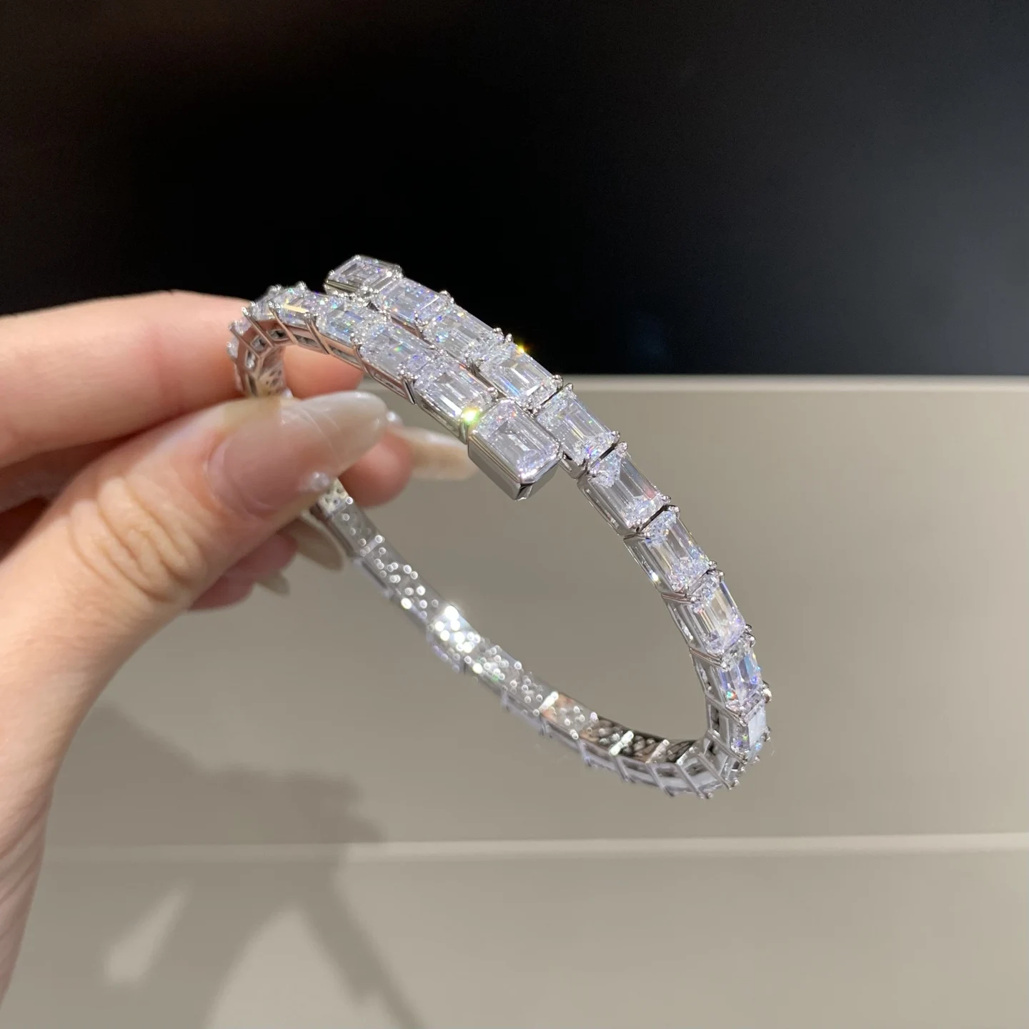 KQDANCE Elastic Solid 925 Silver Ascher Cut White High Carbon Diamond Gemstone Cuff Bracelets Bracelets Fine Jewelry Men Women