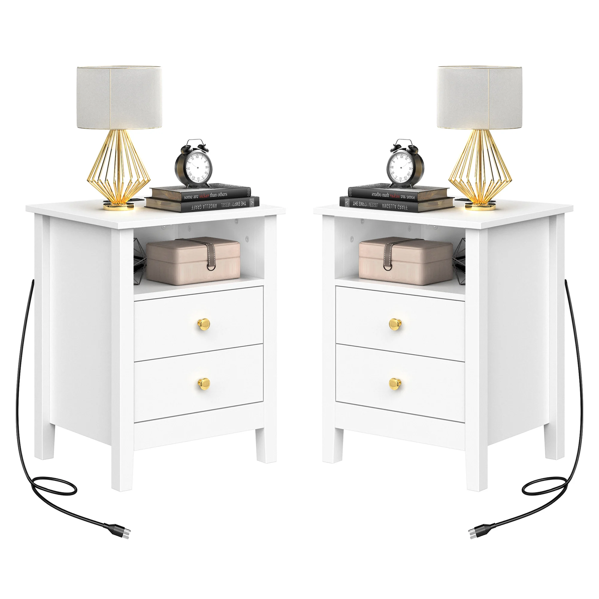 2Pcs 2 Drawers Nightstand with Charging Station & USB Ports End Table Side Table