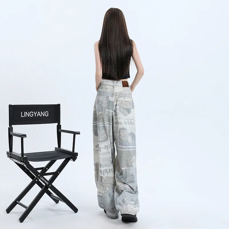 Fashionable Denim Street Outfit with Low Waist Y2k Jeans Women's Wide Leg Fashionable Denim Pants Print Design Niche Jeans