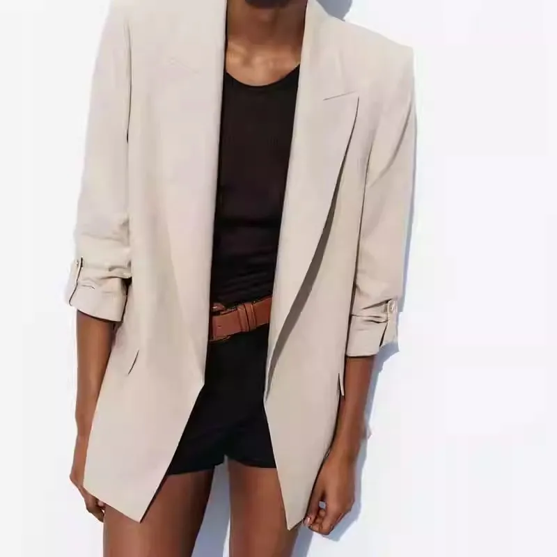 

Новая женская куртка-жакет из льняной смеси 2024 года с отворотами на рукавах, открытым передом, универсальная, однотонная, стандартной длины