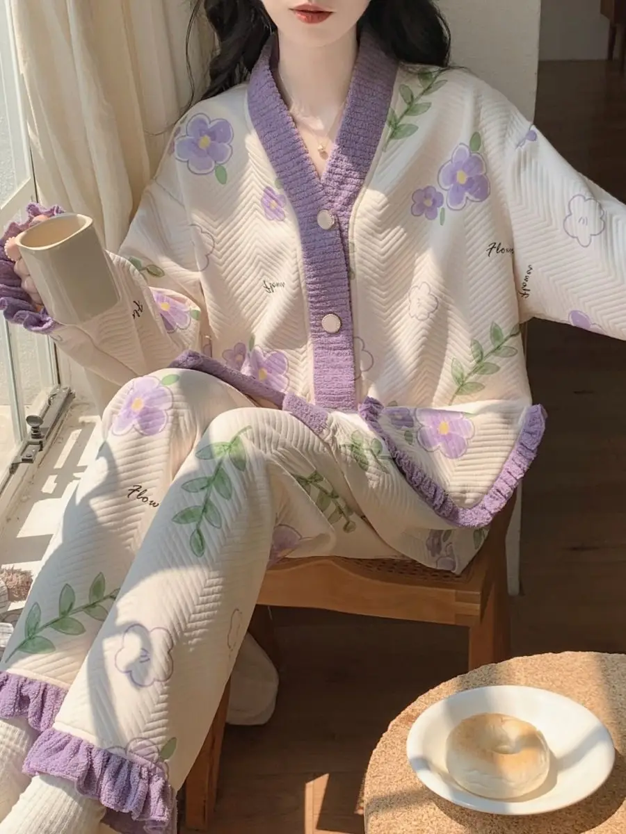

pajamas Women's autumn winter long sleeves thicken keep warm leisure girl homewear Breathable suit Cotton Pajama Set pajamas