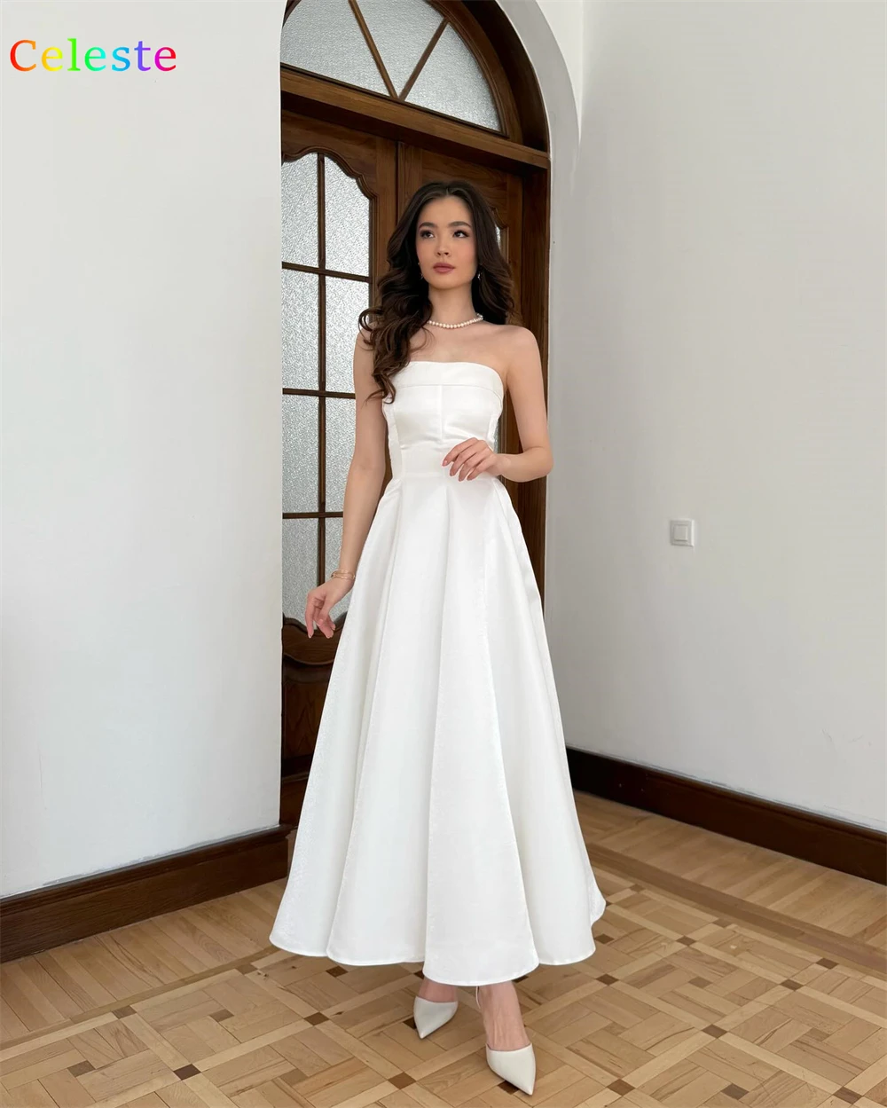 فستان سهرة من الساتان الأبيض على الموضة مخصص، فساتين رائعة بدون حمالات بدون أكمام لحفلات العودة للوطن، فساتين مناسبة خاصة