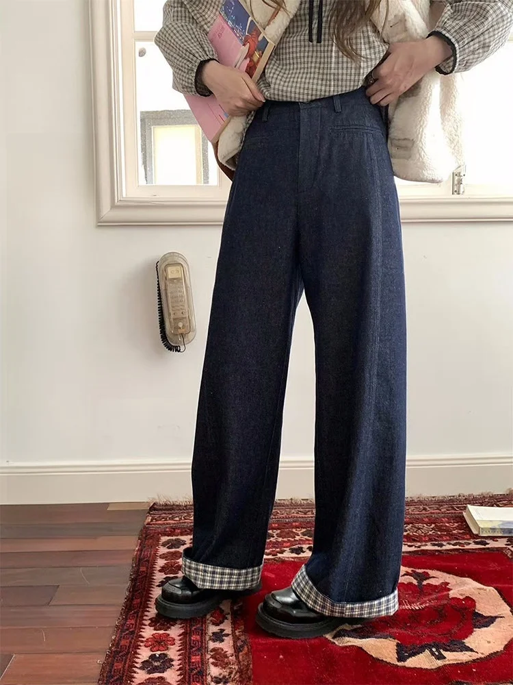 

Женские джинсы MIAOLAB с высокой талией, прямые, широкие, повседневные, в клетку, с контрастными вставками