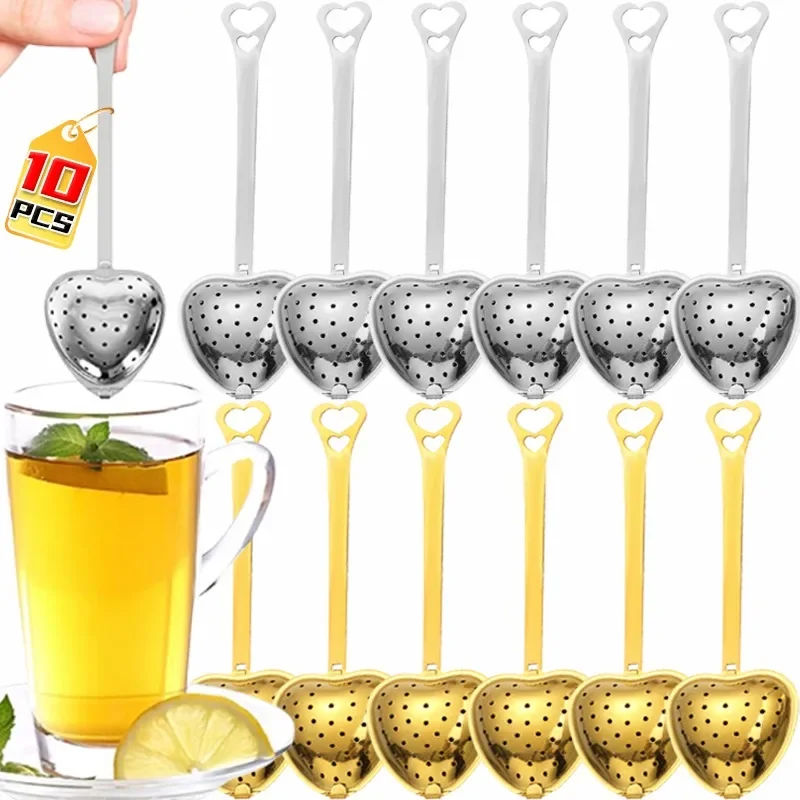 1/10PCS Heart Tea Steeper Filter Long Handle Strainer Spoon Stainless Steel Tea Infuser Spoons Loose Herbal Spices Leaf Filter