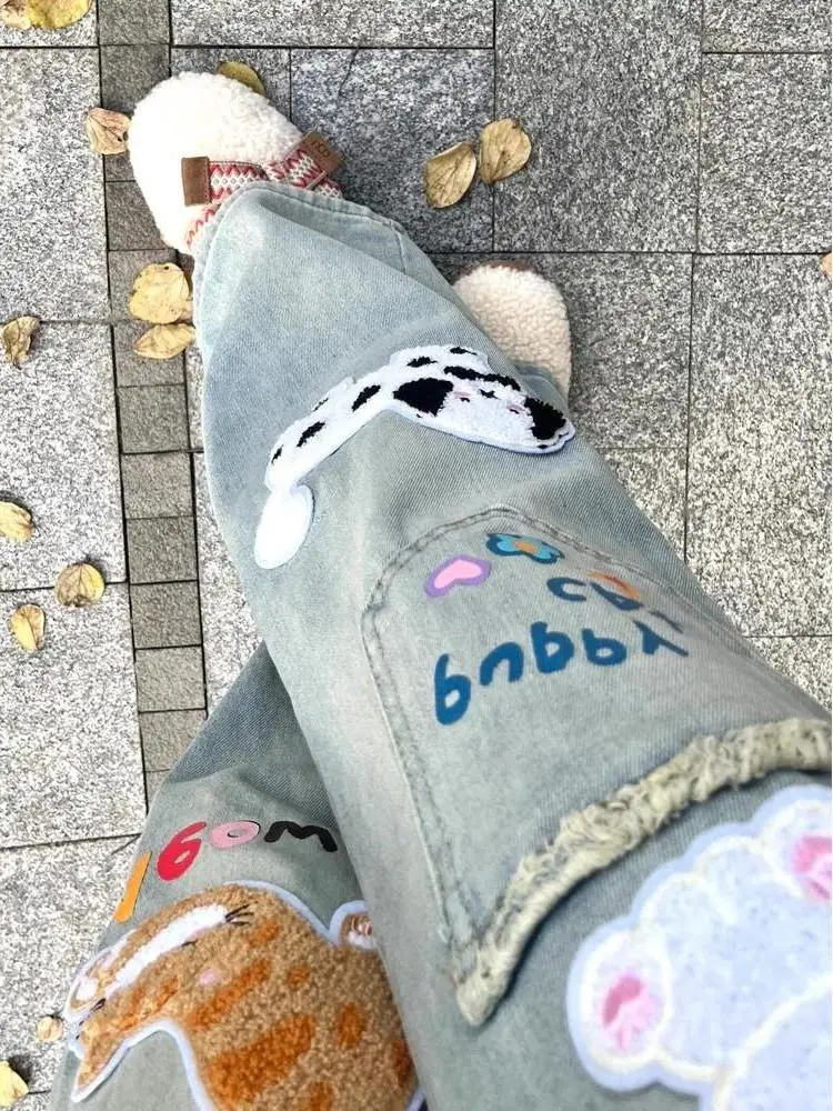 

Джинсы женские больших размеров, повседневные, с лоскутным дизайном, свободные, прямые, с высокой талией, утягивающие, широкие штанины, с забавным мультяшным принтом для полных женщин...