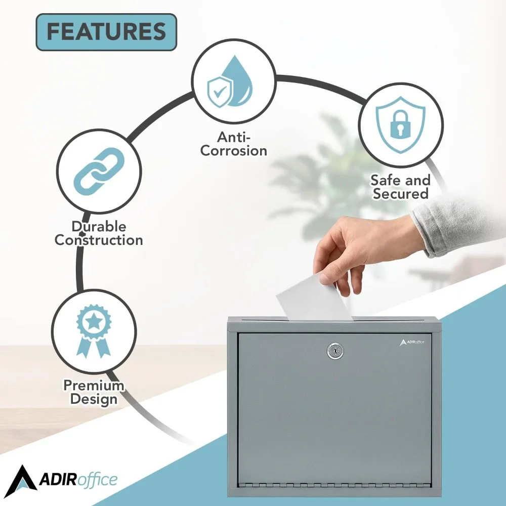 Metal Suggestion Box with Lock and Slot, Wall Mount Deposit Box for Payments and Checks, Office Mail Box for Employees