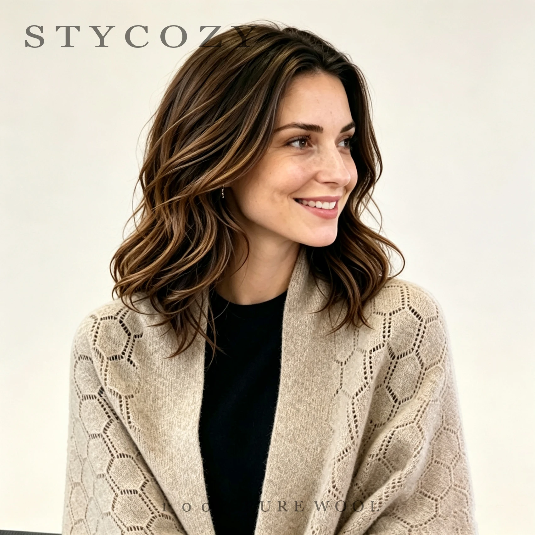 100% Wool Outer Small Shawl Knitted Hexagon Hollow Yarn Scarf For Women Neck-Warming And Shoulder-Covering For Spring And Autumn