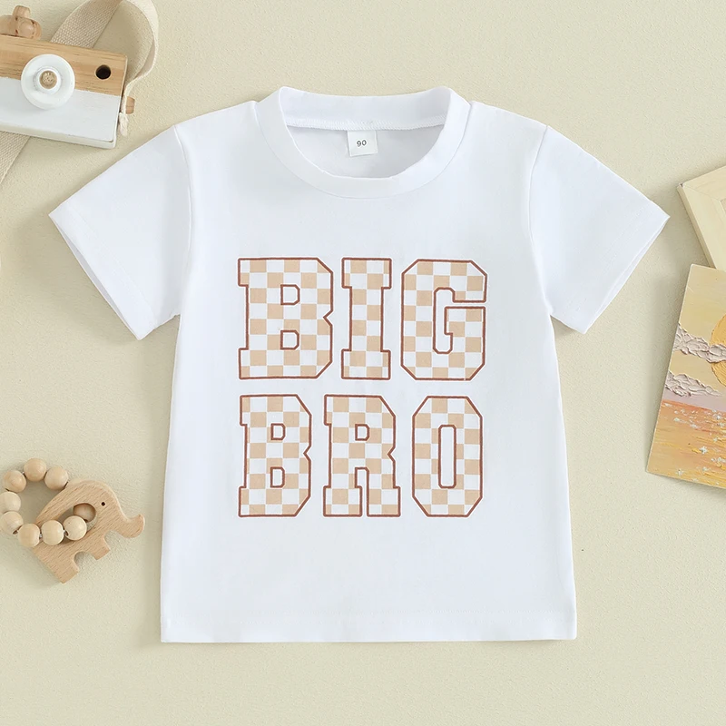 

Toddler Big Bro Shirt Summer Checkerboard Letter Print Crew Neck Short Sleeve T-Shirts for Little Boys