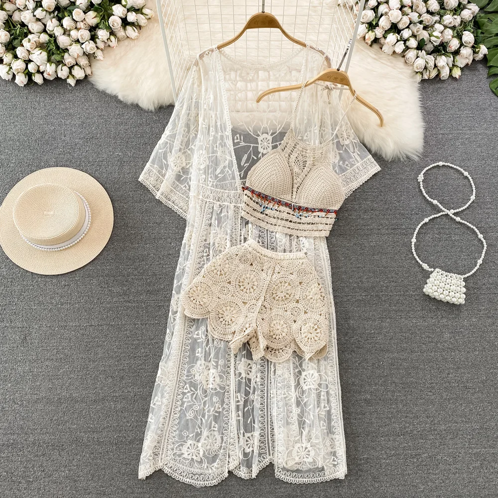 

Pant Set Women Three Piece Sets Sling Short Tops Long Coats Shorts Pants Hight Waist Beach Cardigan Lace Y2k Streetwear Elegant