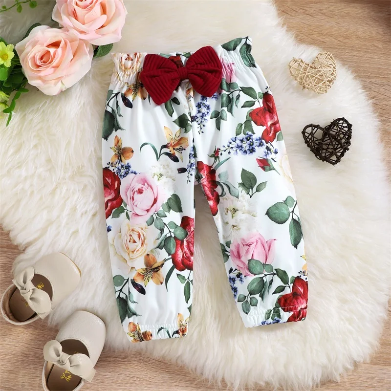 Infant Girl Jumpsuit 3Pcs Suit Solid Jacquard Long Sleeve O-Neck Ruffle Romper Floral Print Long Pants Headband