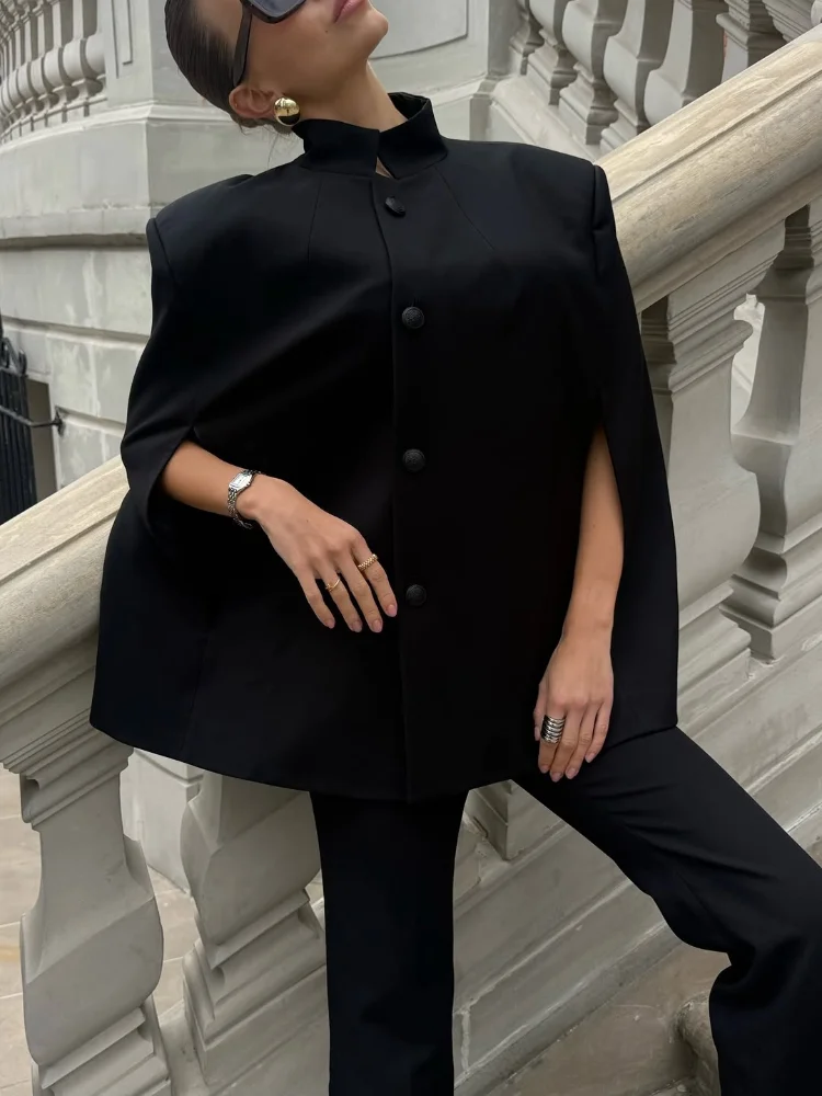 Lady Black Stand Collar Cape Blazer Single Breasted Split Sleeve Loose Oversized Coat Women Autumn Elegant Business Cloak Jacket