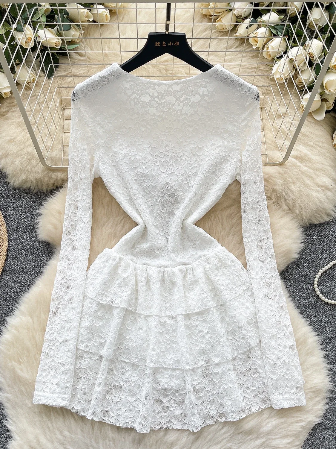 SsTss Vintage Lace Dress Damska wiosna lato długi rękaw wycięcie dekolt wąska talia marszczony brzeg linia A biała sukienka Boho Chic