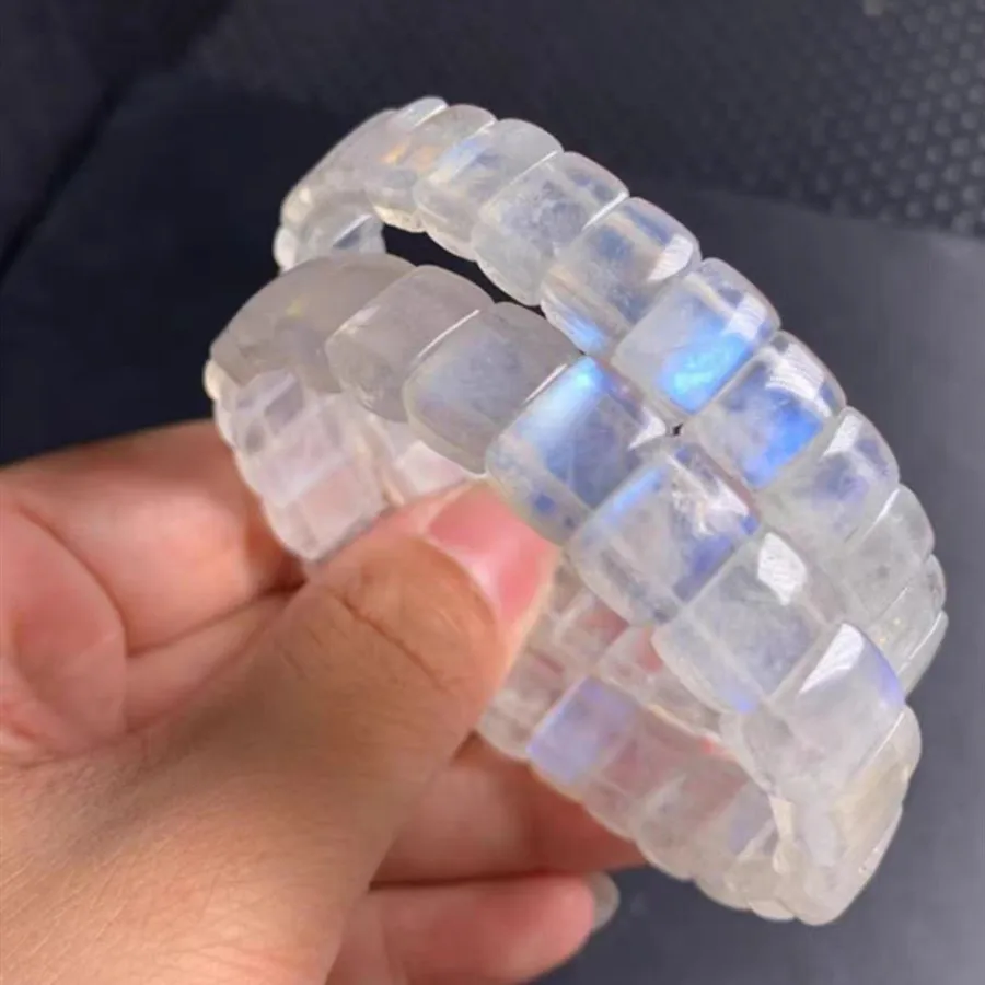 Natural Blue Light Moonstone Carved Clear Rectangle Beads Bracelet 12x8mm Women Men Jewelry Moonstone Beads AAAAA