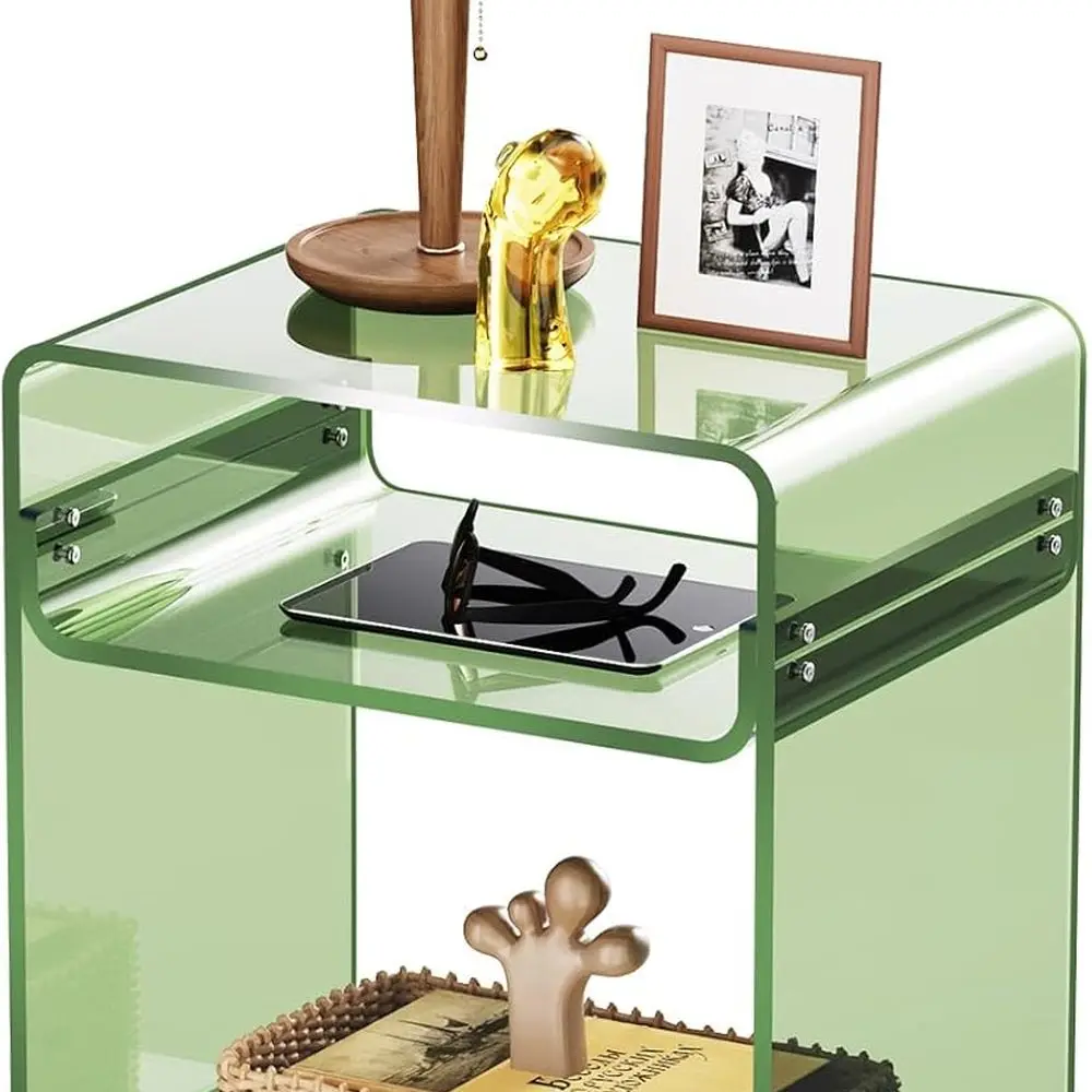 

Зеленый акриловый столик для проигрывателя пластинок в винтажном стиле с полкой для хранения и тумбочкой, 15,7x19,7x11,8 дюйма