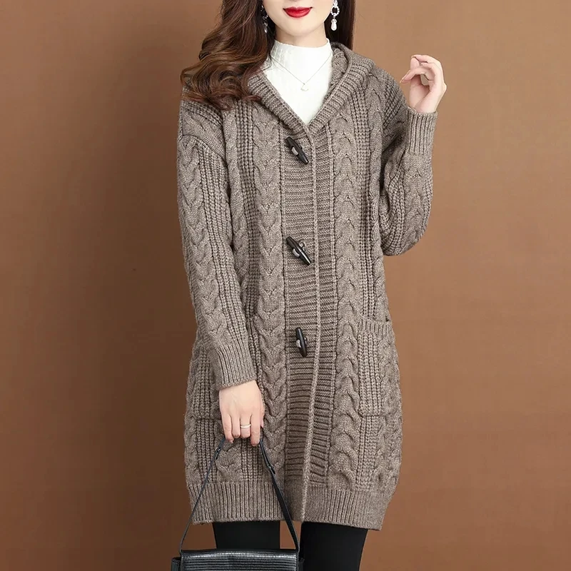 2024 Autumn Winter Large Size Hooded Knitted Coat Women Mid-Long Thicken Cardigan Sweater Female Big Pocket Twists Knit Jacket