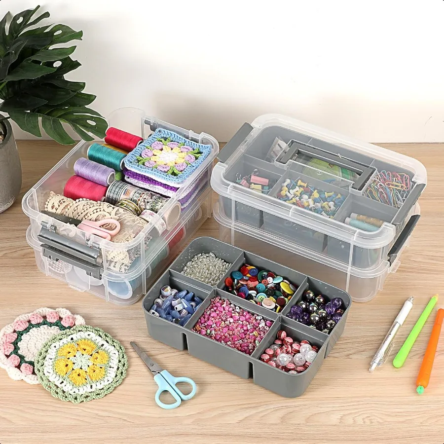 4Tiers Stack Carry Storage Box With 2 Divided Tray Transparent Stackable Storage Bin With Handle Lid Latching Storage Container