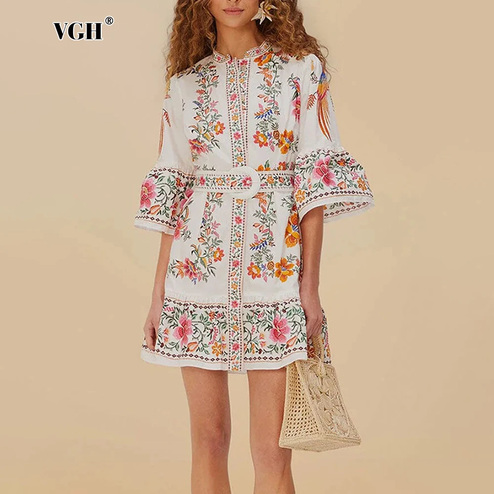 

VGH Flower Printed Short Dress for Women Stand Collar Half Sleeve High Waist Patchwork Belt Loose Temperament Dresses Female New